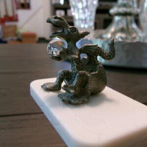 Small 1 1/2" Pewter Dragon W/ a Crystal ORB Hatching Egg MARK P;EWTER IMAGE